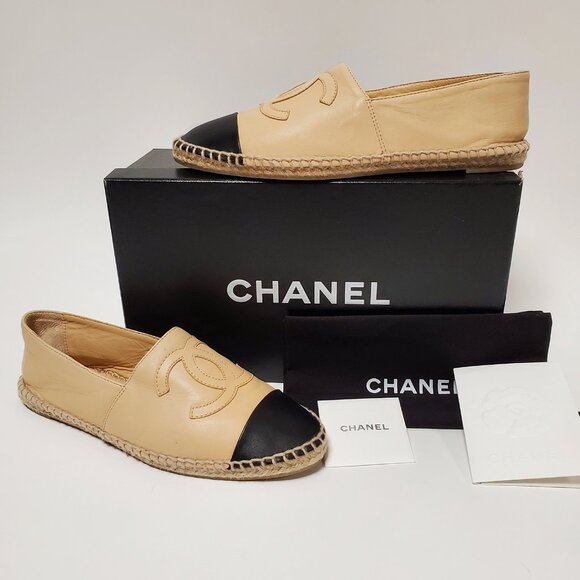 CHANEL SHOES CC LOGO BEIGE LAMBSKIN LEATHER FLATS ESPADRILLE sz 39 US 7.5 - Picture 15 of 16